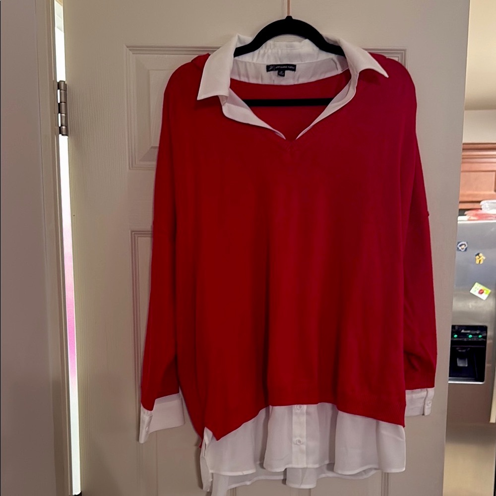 Red V-Neck Sweater with White Collar